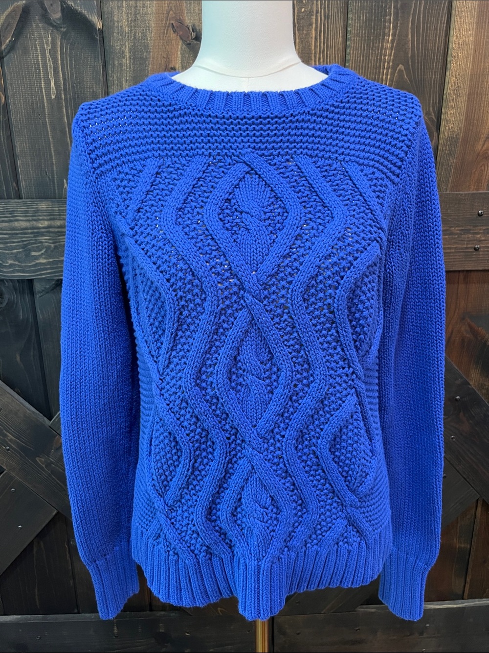 Lands End Drifter Cable Knit Sweater S Blue 100% Cotton Fisherman Crewneck Cozy